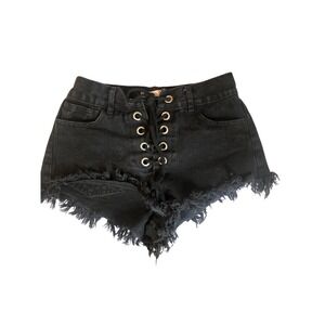 Stella Laguna Beach Black Denim Lace Up Front Frayed Hem shorts dark Coquette S